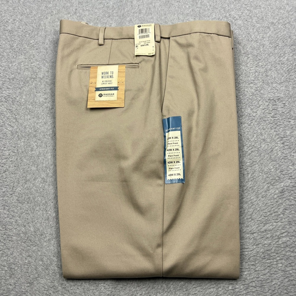 NEW Haggar Work to Weekend Pants Men's 42x29 Khaki Straight Fit Flat Front Chino